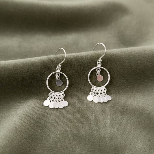 Handmade Sterling Silver Circle Drop Earrings with Mini Disc Charms | Dangle Earrings | Minimalist Silver Jewelry for Women