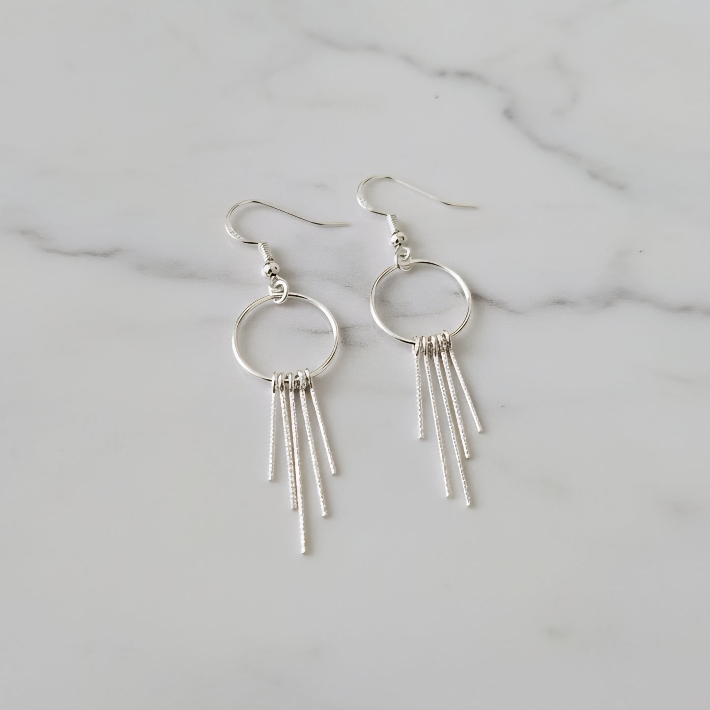 Textured Sterling Silver Circle Fringe Earrings | Handmade Boho Dangle Earrings | Lightweight Modern Jewelry for Women
