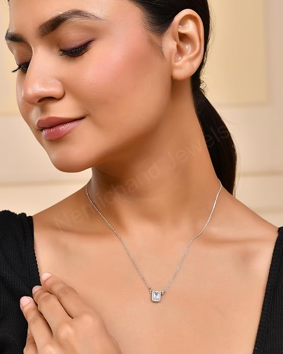 925 Sterling Silver Framed Sparkle Pendant Chain Necklace for Women and Girls