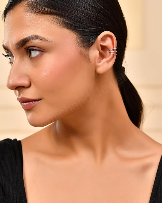 925 Sterling Silver Oxidised Clip-On Non-Pierced Ear Cuff For Women & Girls (1pc)