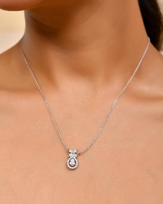 925 Sterling Silver Dazzling Pear Drop Pendant Chain Necklace for Women and Girls