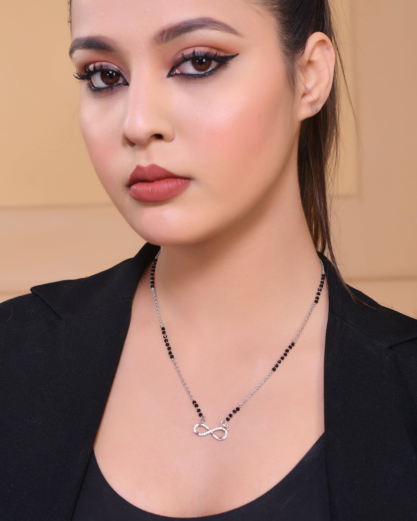 925 Sterling Silver CZ Diamond Infinity Crown Mangalsutra Pendant Chain for Women