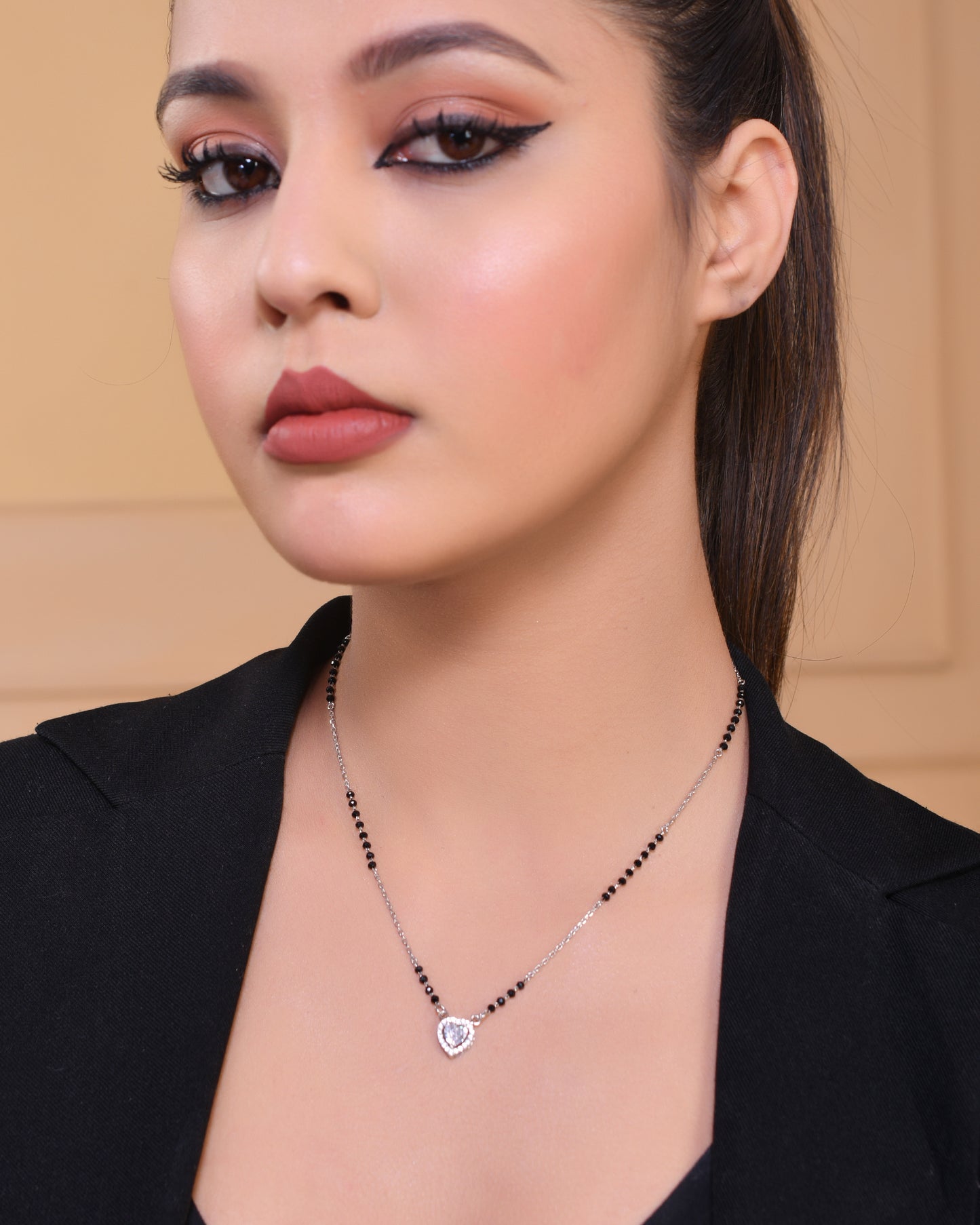 925 Sterling Silver CZ Diamond Heart Mangalsutra Pendant Chain for Women