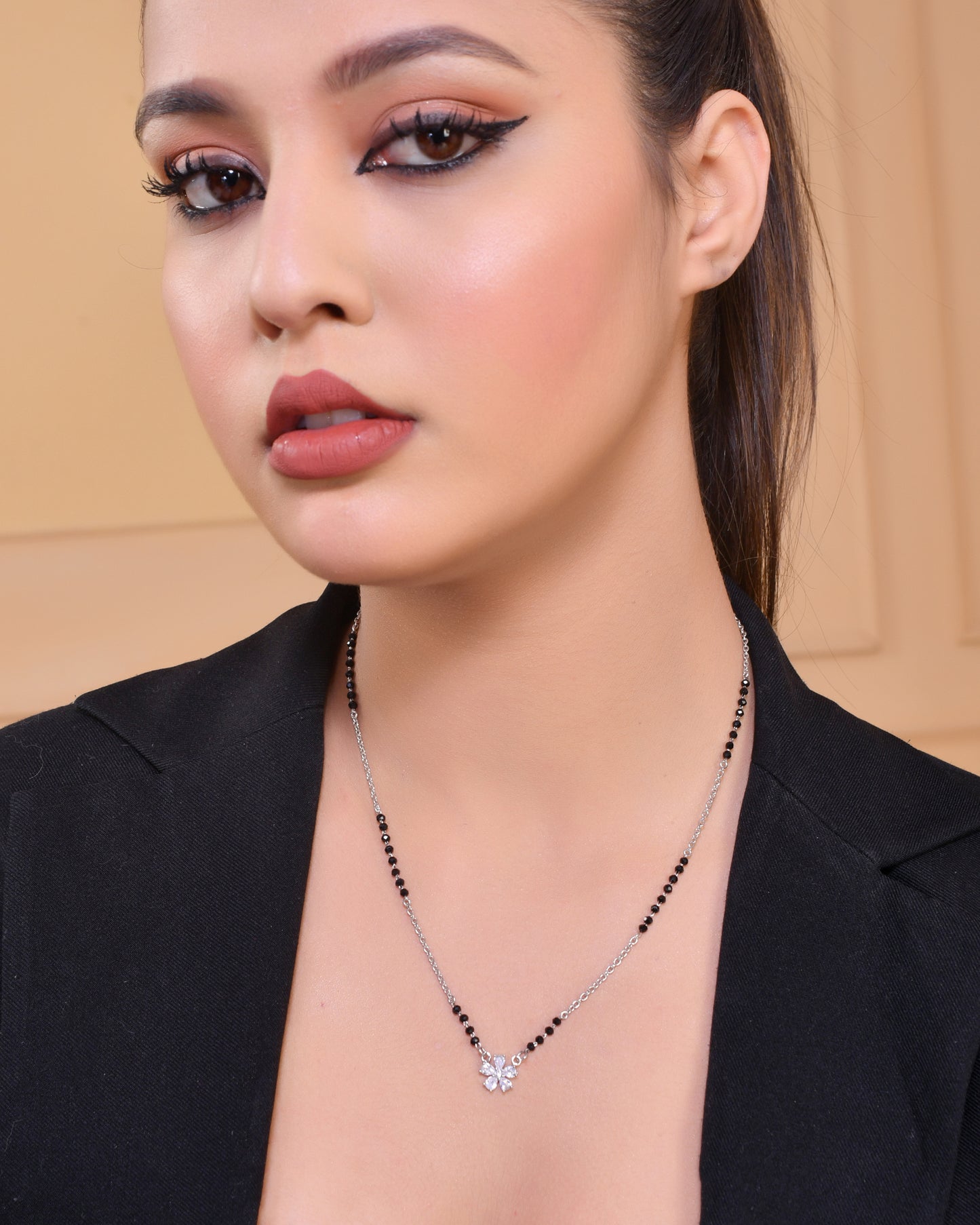 925 Sterling Silver Diamond Flower Charm Mangalsutra Pendant Chain for Women