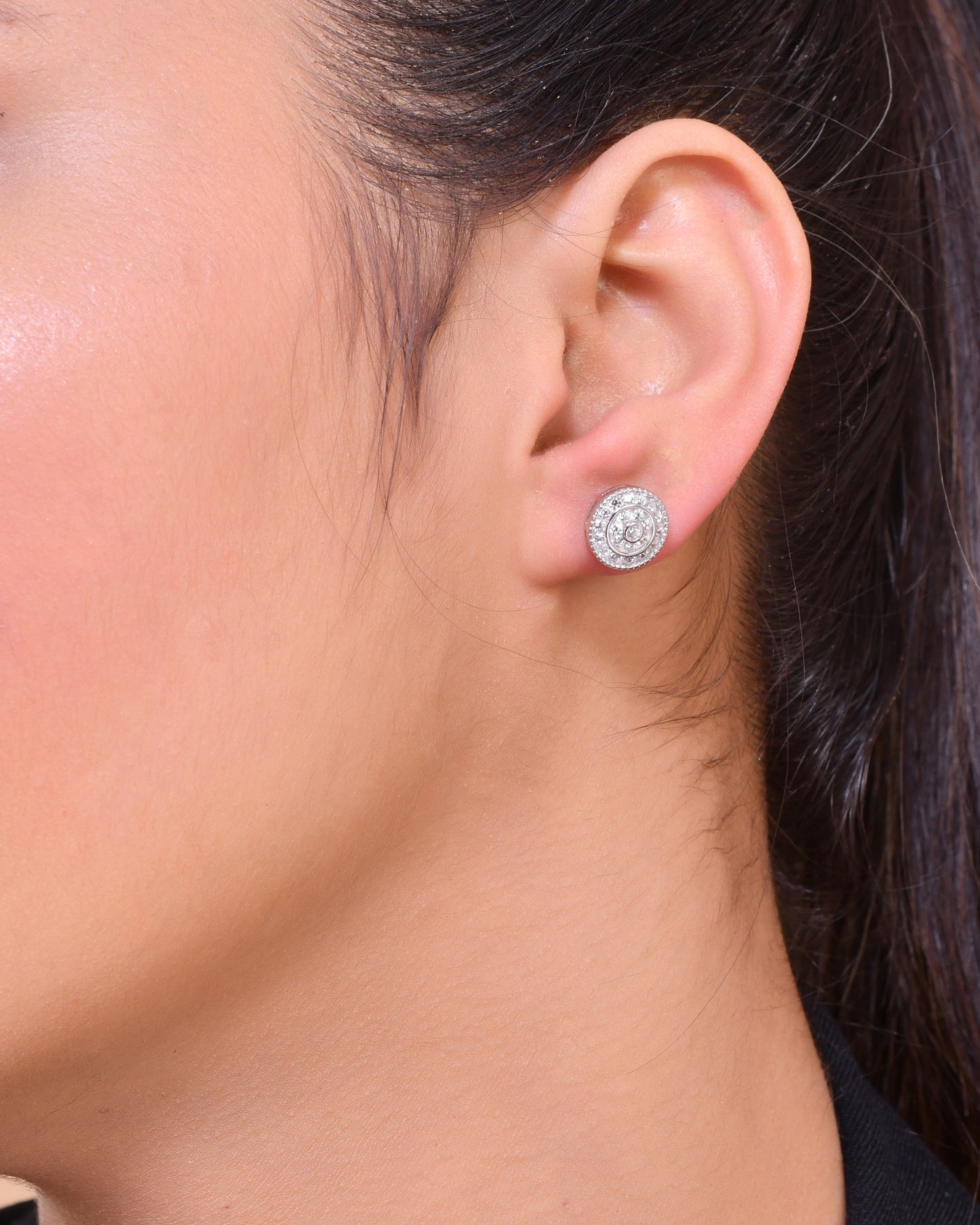 Sterling Silver 925 CZ Stone Round Earring Studs For Women & Girls