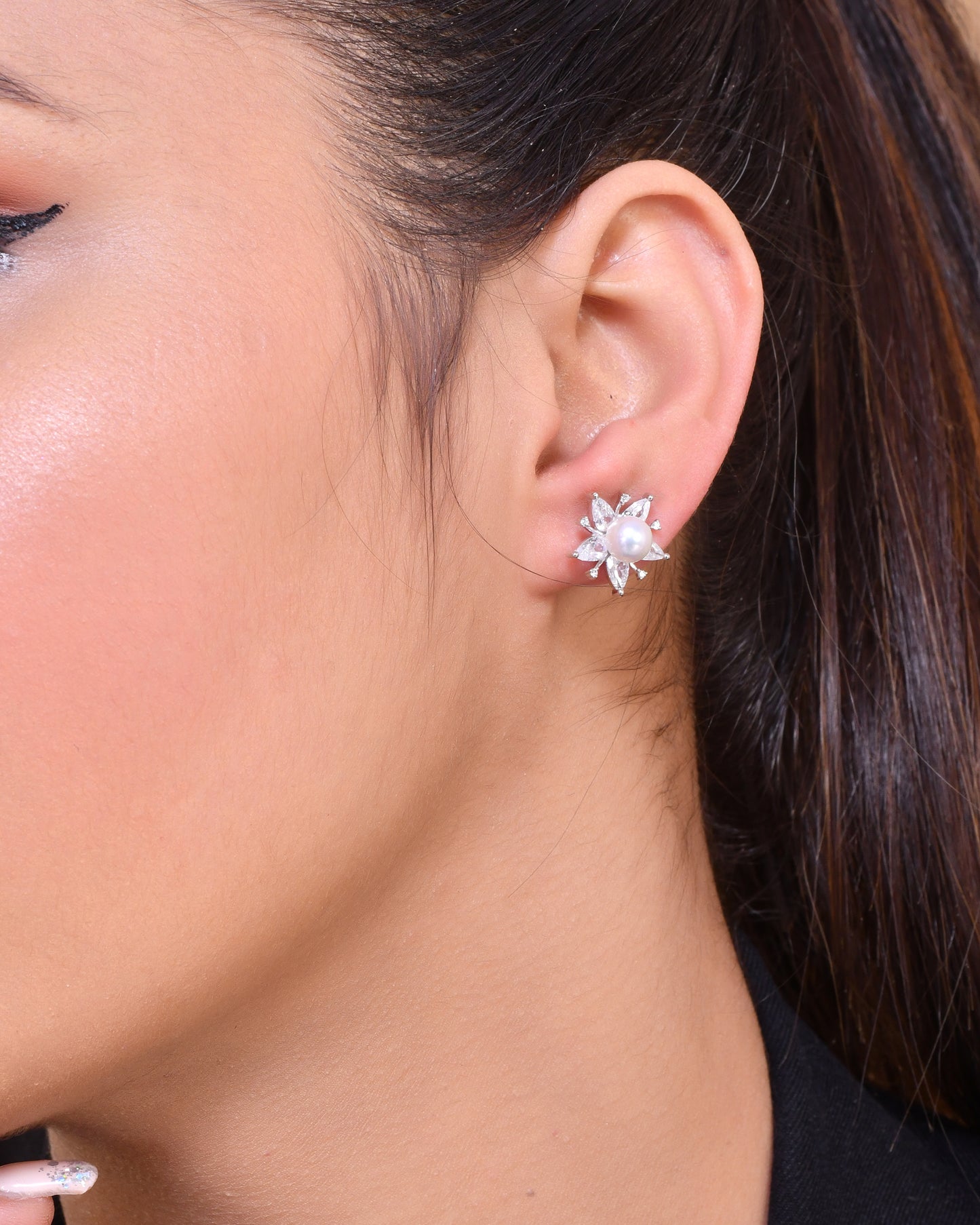 Sterling Silver 925 CZ Stone Pearl Flower Earring Studs For Women & Girls