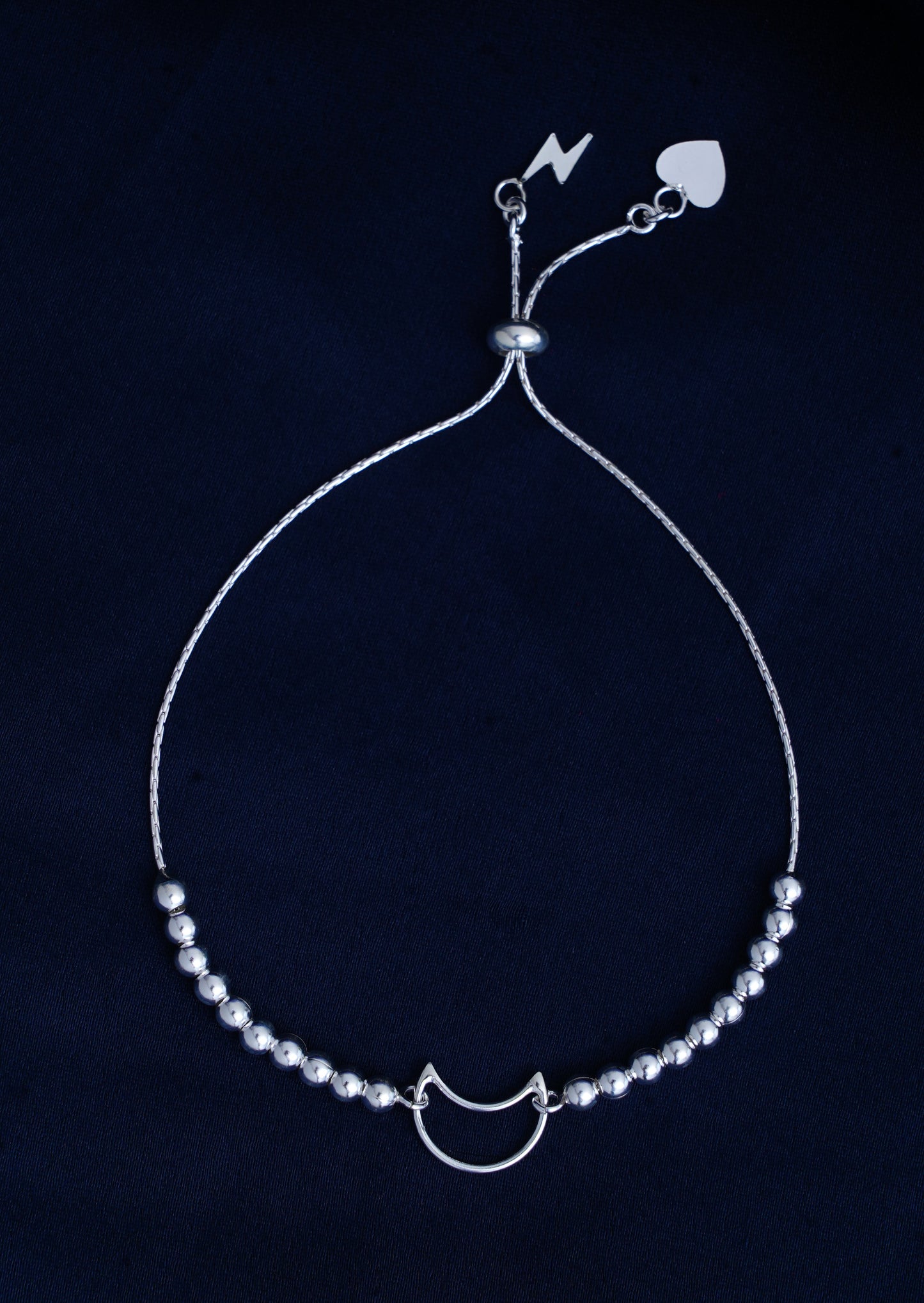 925 Sterling Silver Ball Beads with Moon Charm Adjustable Bracelet for Women
