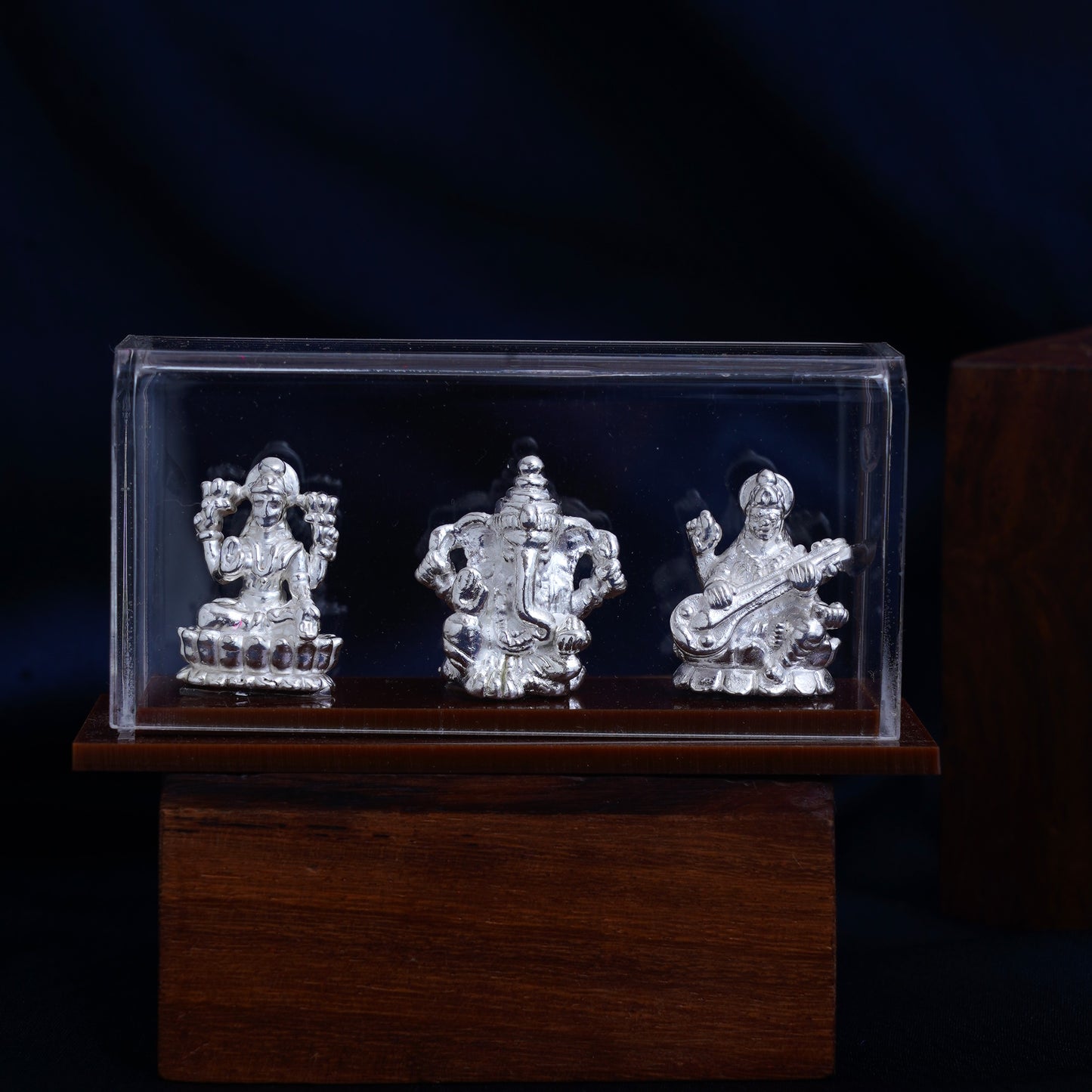 Silver Hollow Lord Ganesha, Laxmi, and Saraswati Murti for Home Temple and Pooja Room