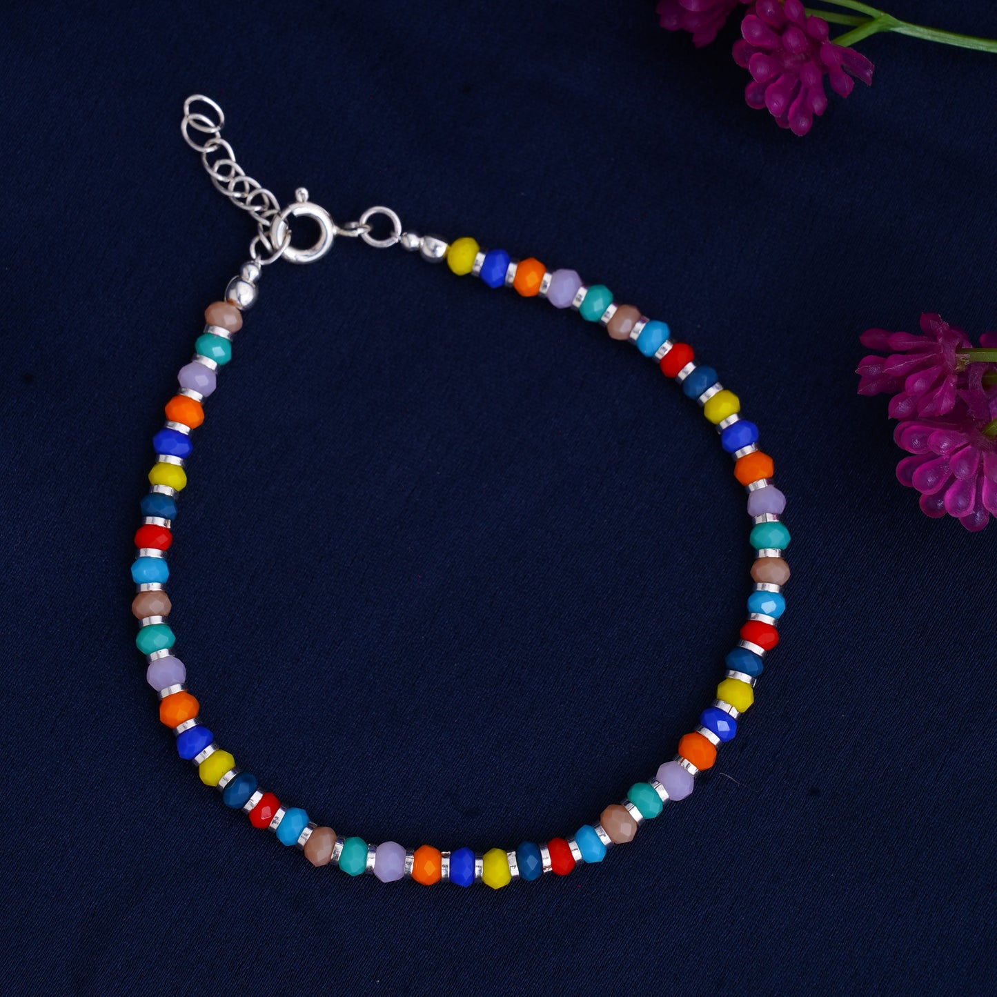 925 Sterling Silver Colorful Multicolor Beads Crystals Bracelet for Women (7 inch + Extension)