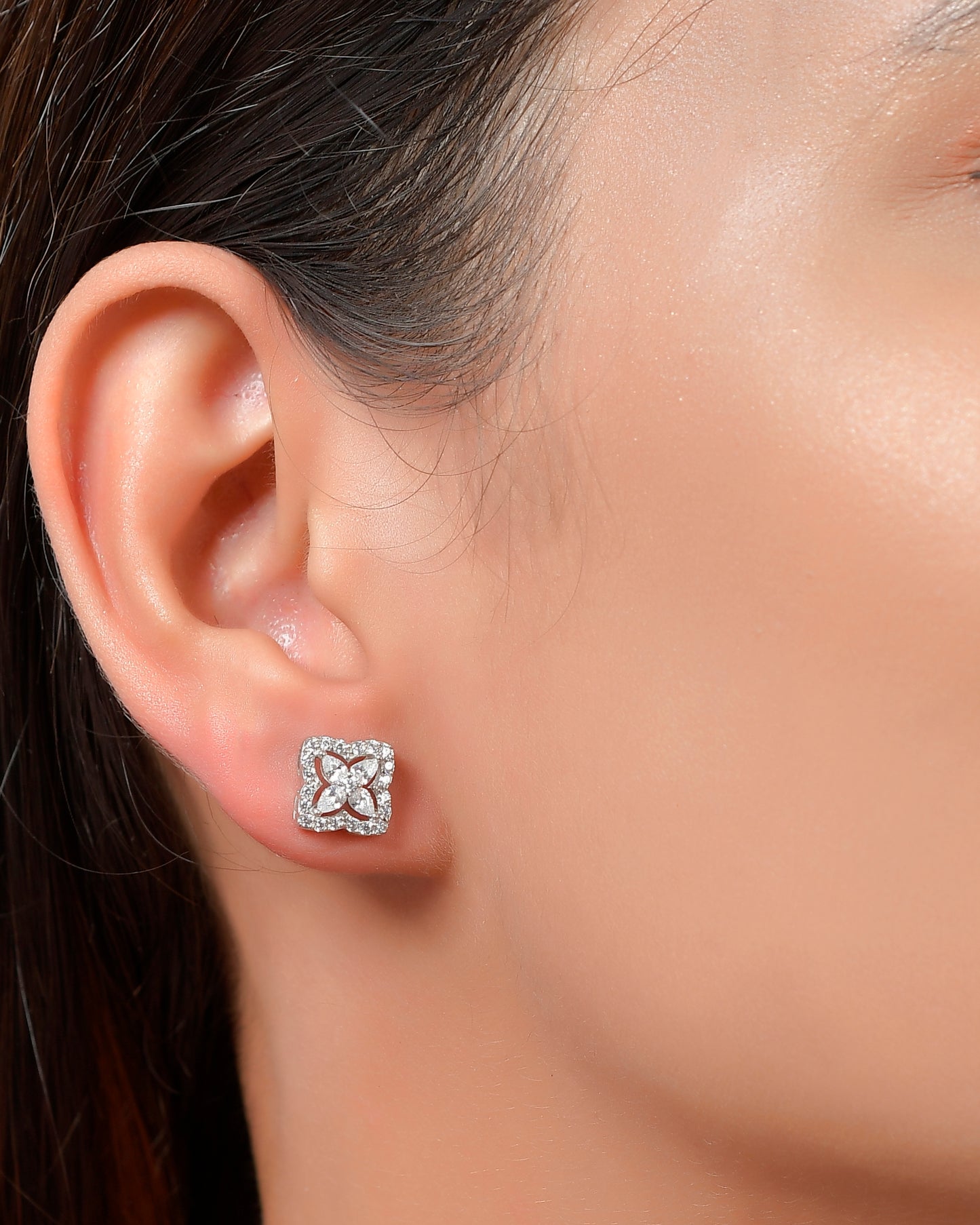 Sterling Silver Zircon Square Earring Stud for Women