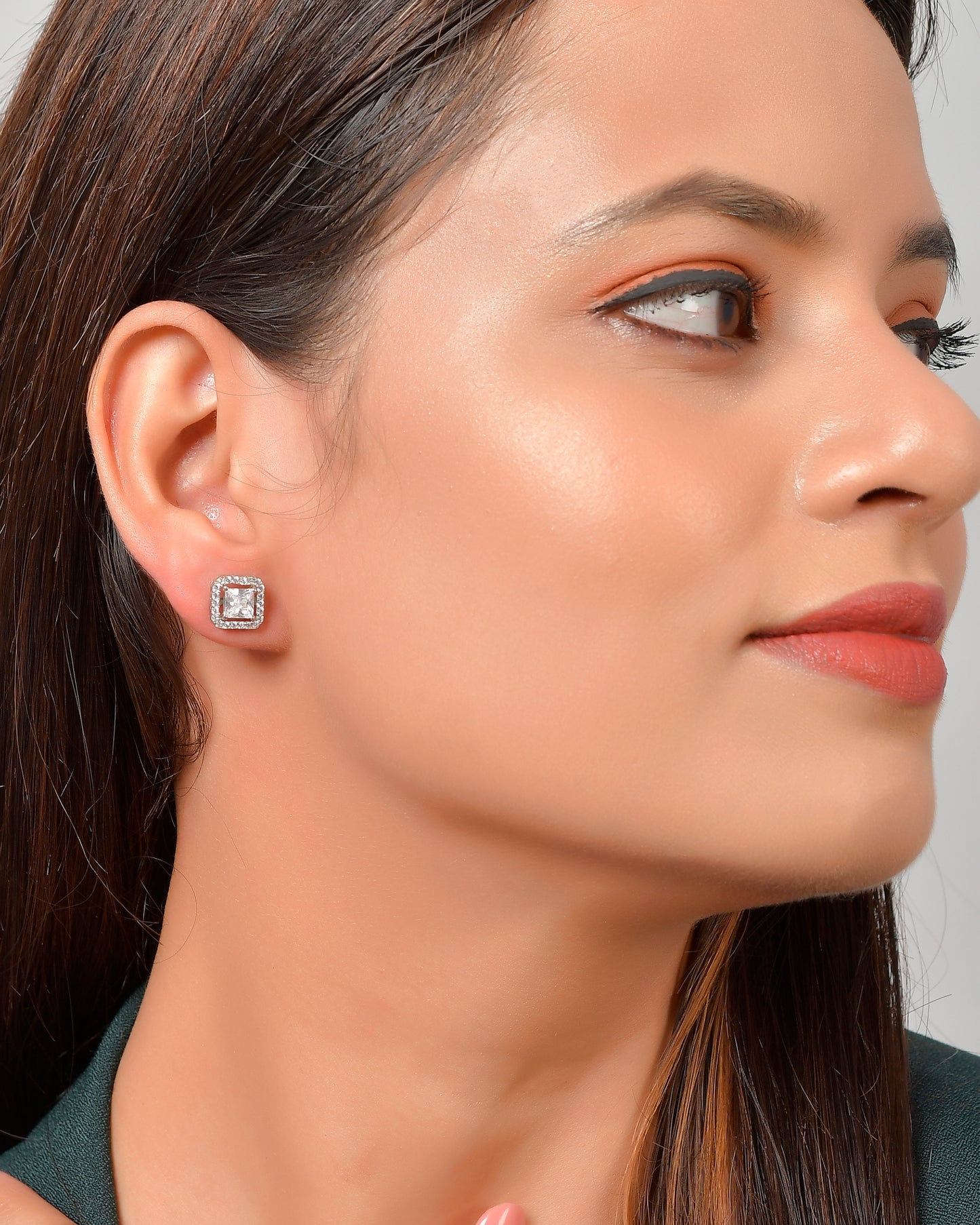 Sterling Silver Zircon Square Earring Stud for Women