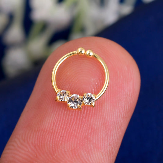 Sterling Silver 925 Gold Plated CZ Clip on Nose Ring - 10mm