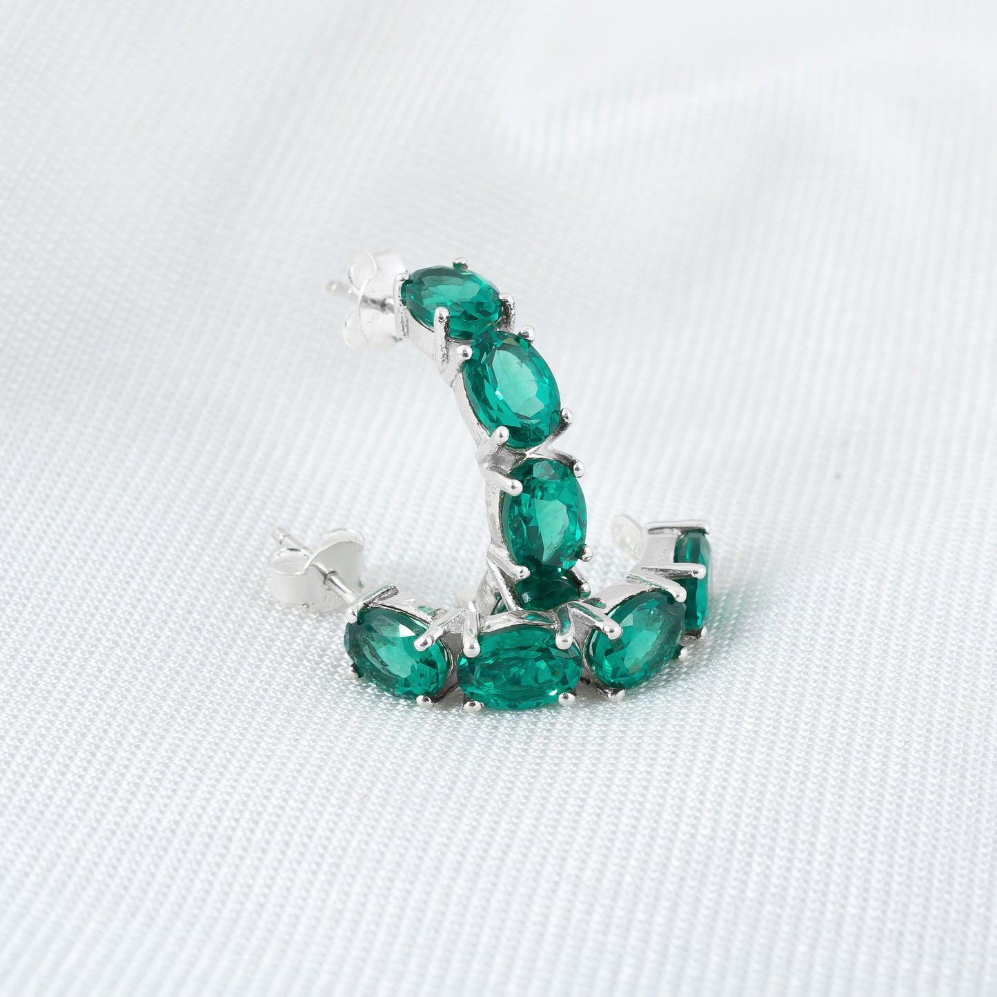 925 Sterling Silver Hoop Earring with Emerald Gemstone | Elegant Semi Circle Stud Earring