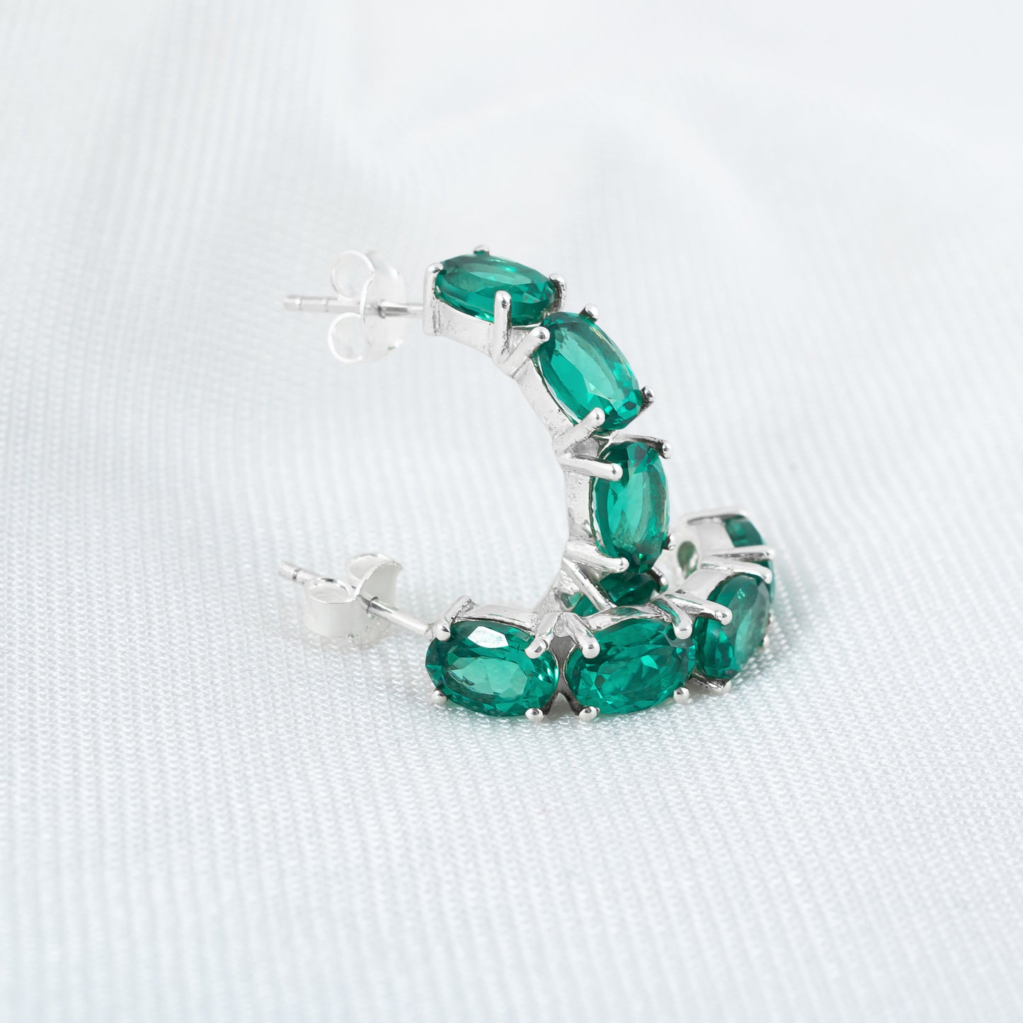 925 Sterling Silver Hoop Earring with Emerald Gemstone | Elegant Semi Circle Stud Earring