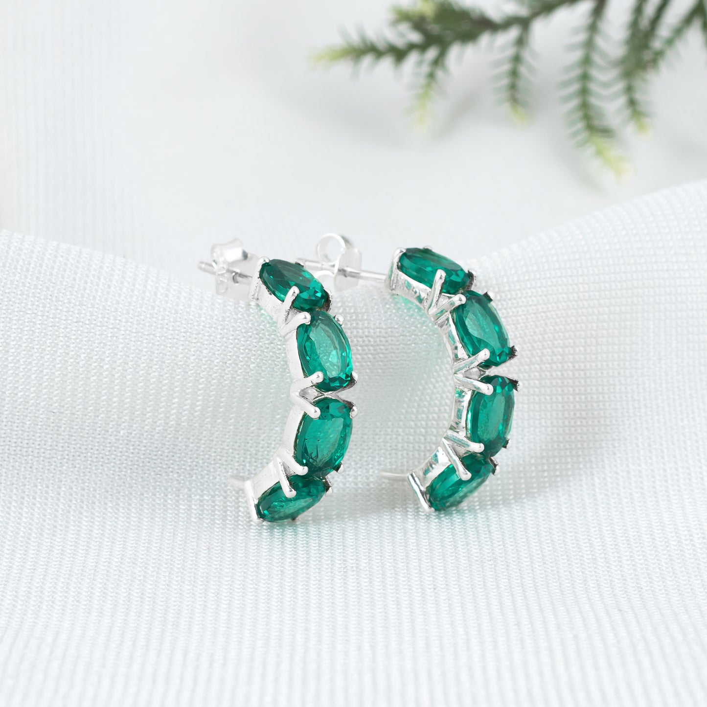 925 Sterling Silver Hoop Earring with Emerald Gemstone | Elegant Semi Circle Stud Earring
