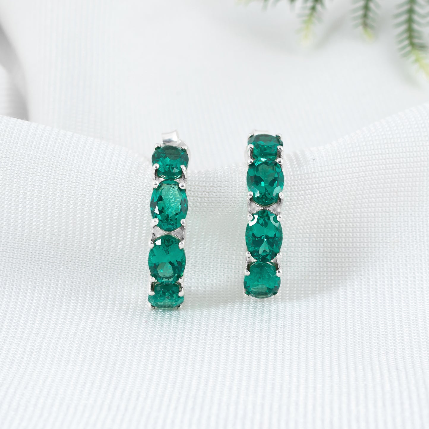 925 Sterling Silver Hoop Earring with Emerald Gemstone | Elegant Semi Circle Stud Earring
