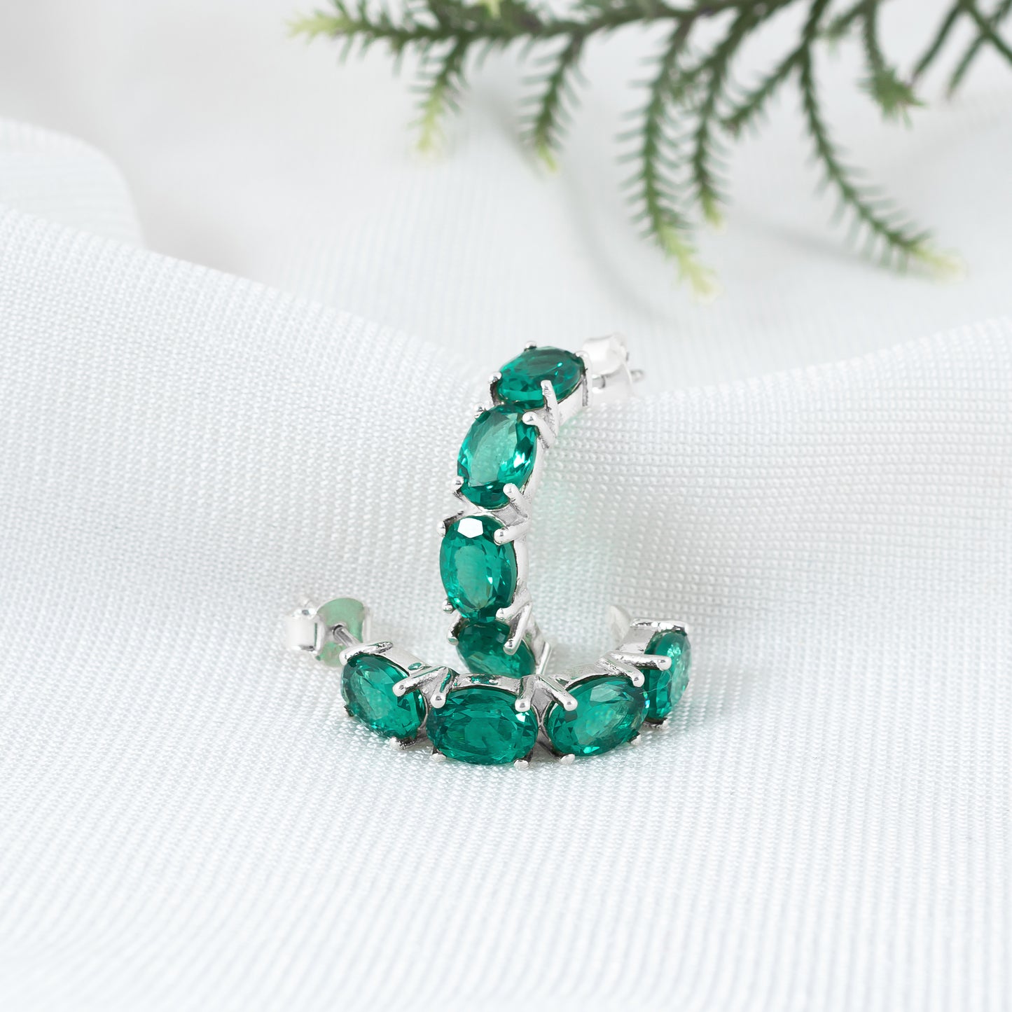 925 Sterling Silver Hoop Earring with Emerald Gemstone | Elegant Semi Circle Stud Earring