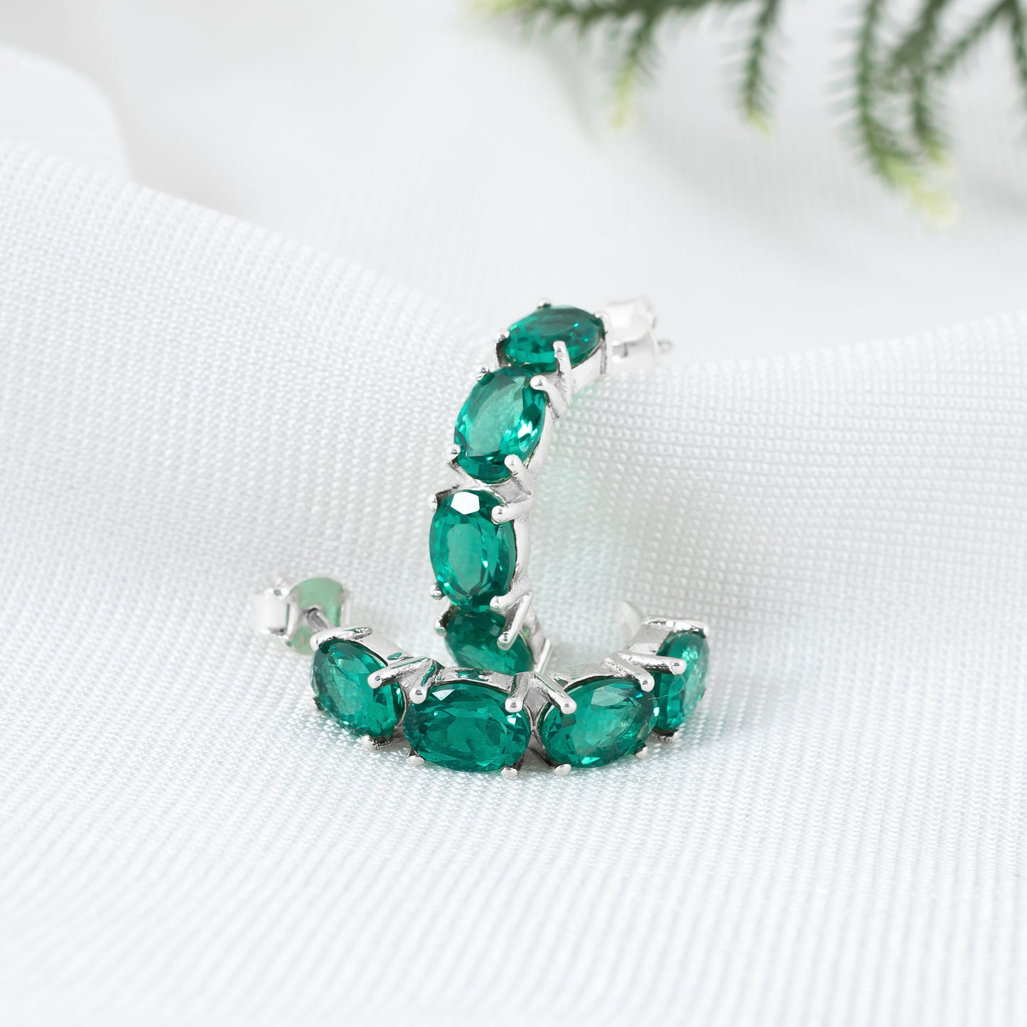 925 Sterling Silver Hoop Earring with Emerald Gemstone | Elegant Semi Circle Stud Earring