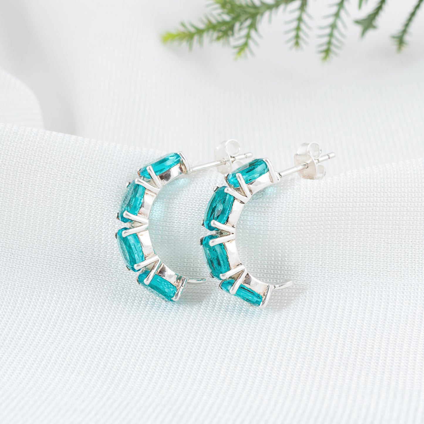 925 Sterling Silver Earring with Paraiba Tourmaline Gemstone | Stunning Semi Circle Hoop Stud Earring