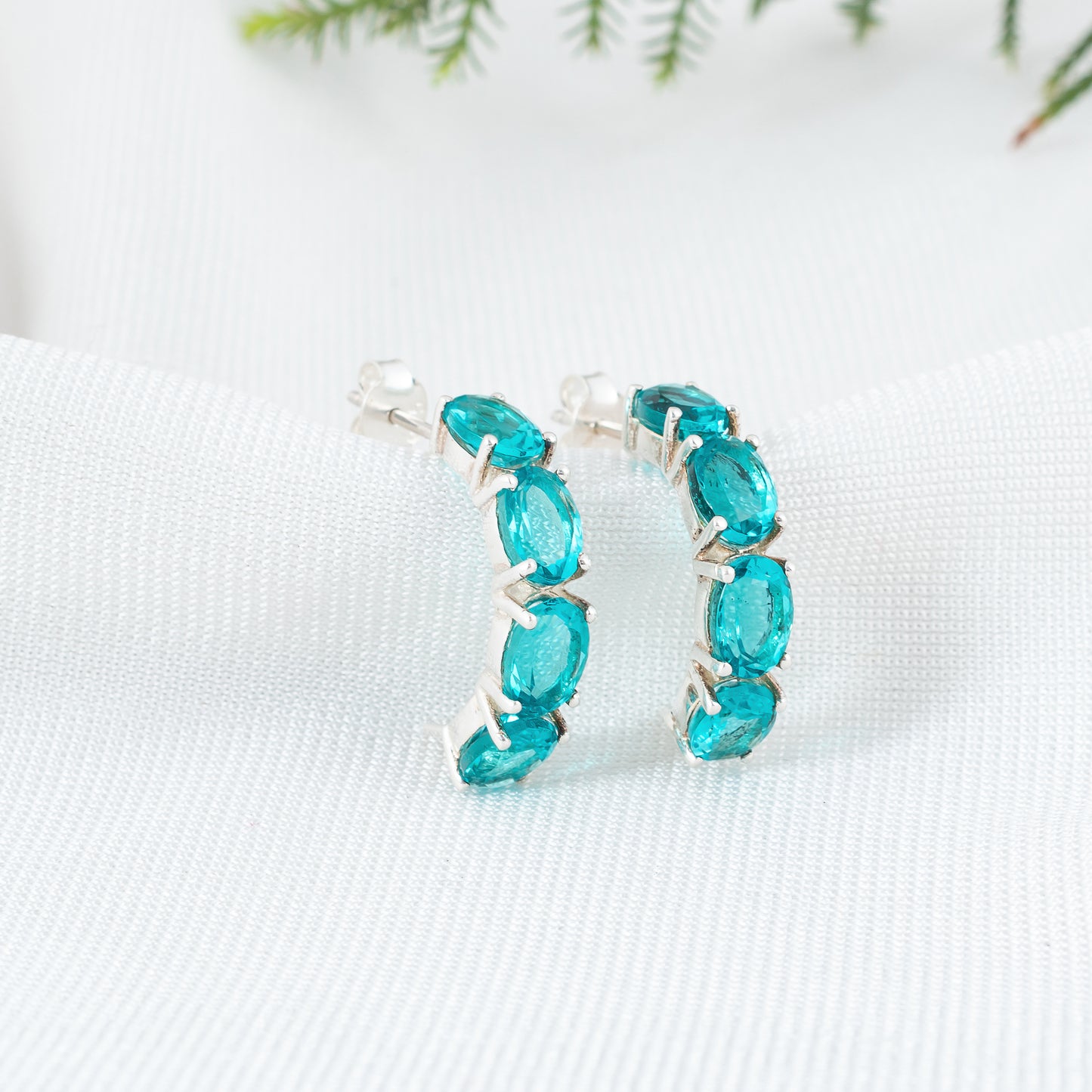 925 Sterling Silver Earring with Paraiba Tourmaline Gemstone | Stunning Semi Circle Hoop Stud Earring