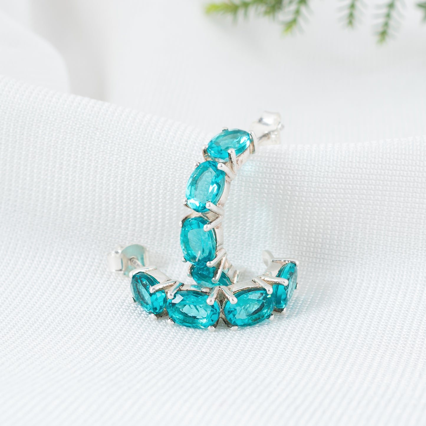 925 Sterling Silver Earring with Paraiba Tourmaline Gemstone | Stunning Semi Circle Hoop Stud Earring
