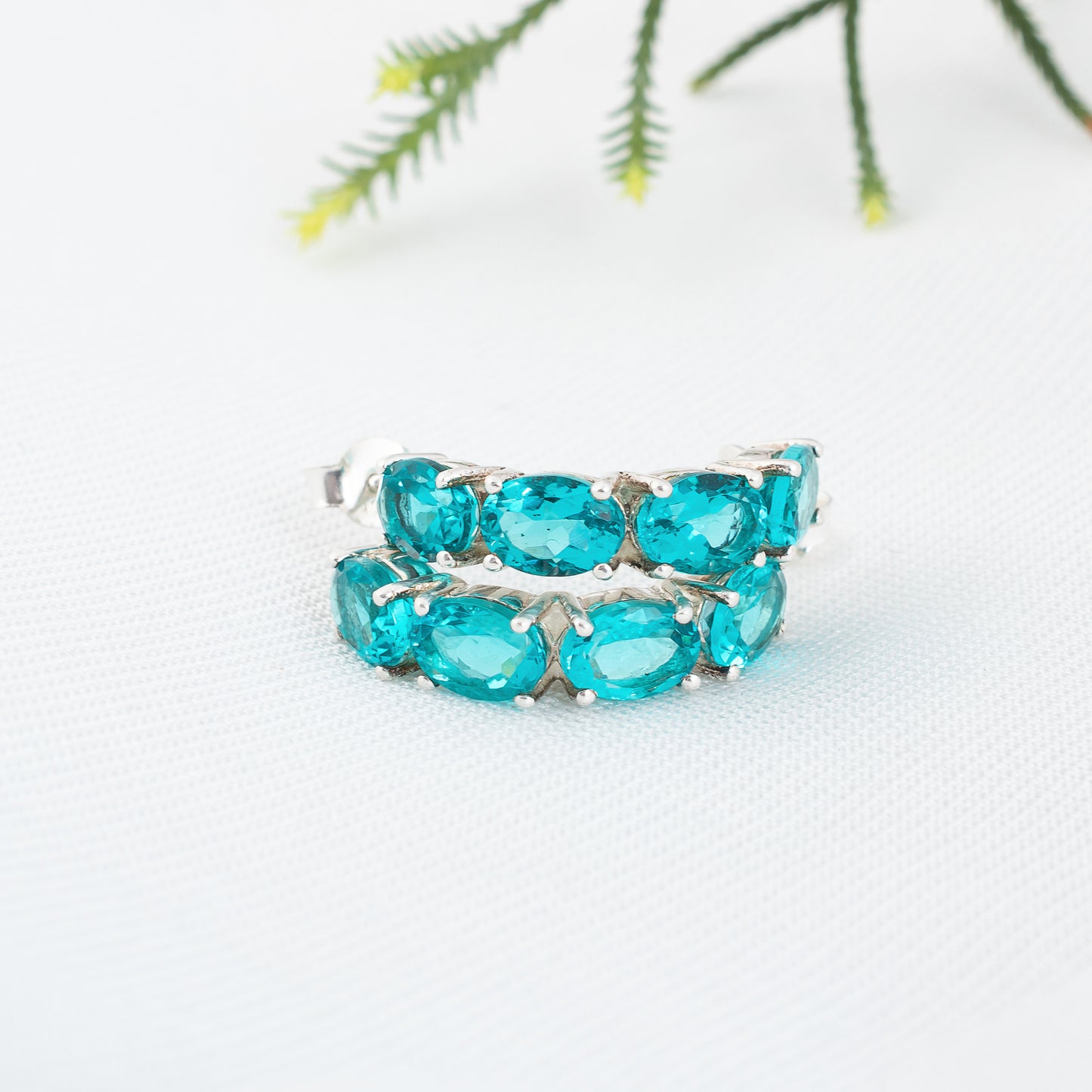 925 Sterling Silver Earring with Paraiba Tourmaline Gemstone | Stunning Semi Circle Hoop Stud Earring