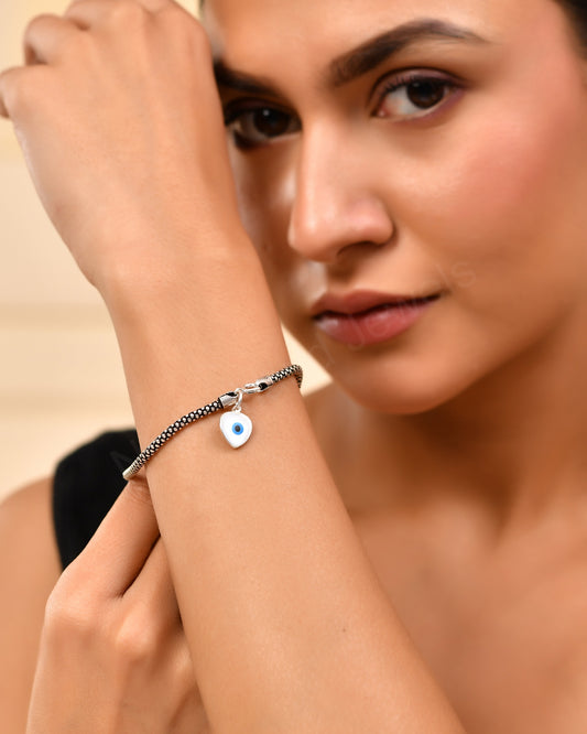 Evil Eye Heart Charm Bracelet – Oxidized Silver Beaded Chain – Handmade Protection Jewelry – Boho Gift for Her