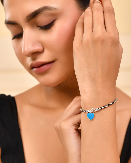 Turquoise Heart Charm Bracelet – Oxidized Silver Beaded Chain – Handmade Boho Jewelry for Women – Minimalist Gift for Her