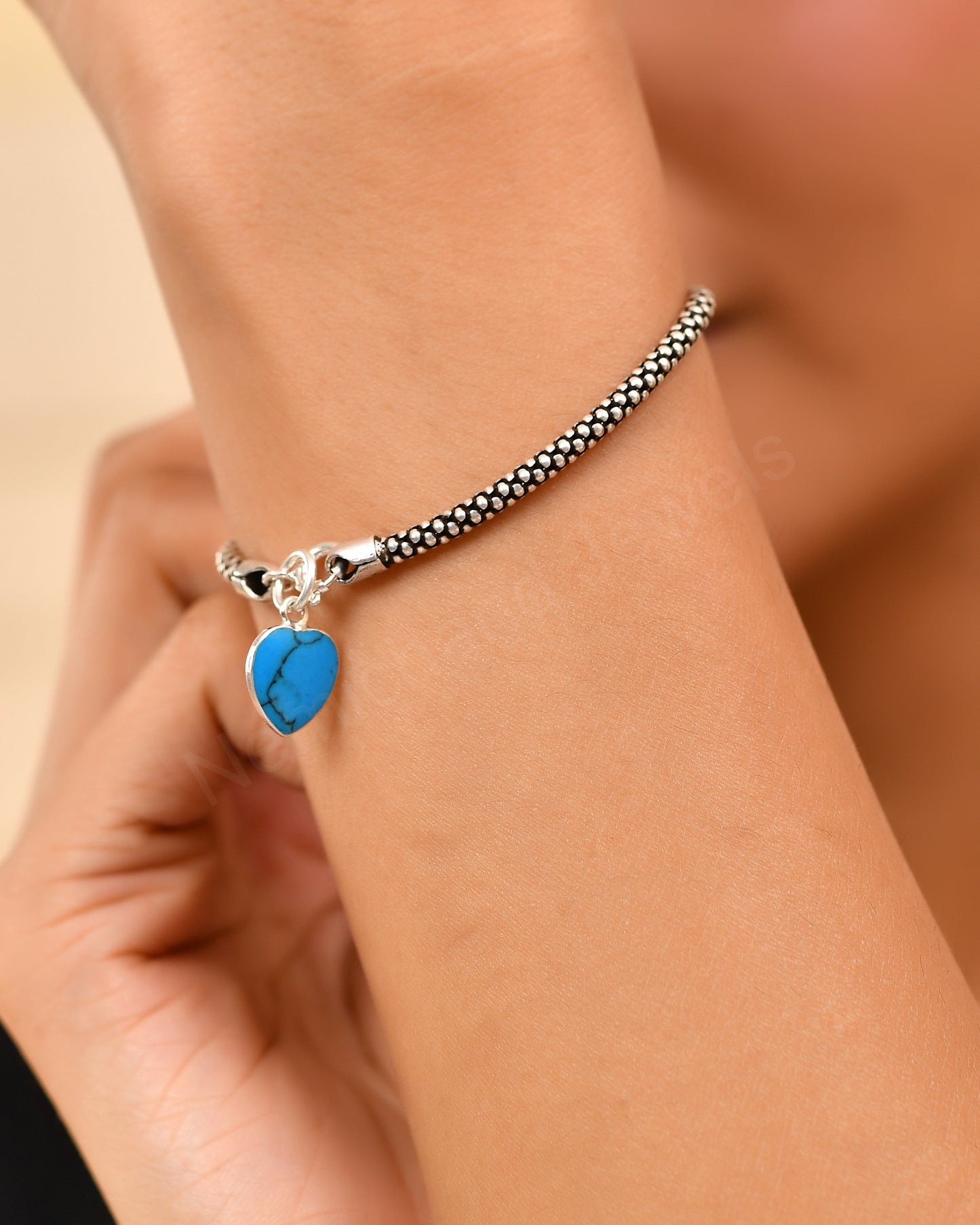 Turquoise Heart Charm Bracelet β Oxidized Silver Beaded Chain β Handmade Boho Jewelry for Women β Minimalist Gift for Her