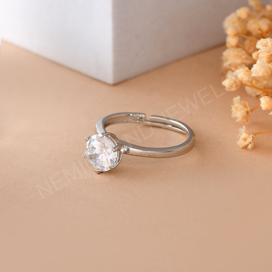 Sterling Silver 925 Round Solitaire Rings For Women (Free Size - Adjustable)