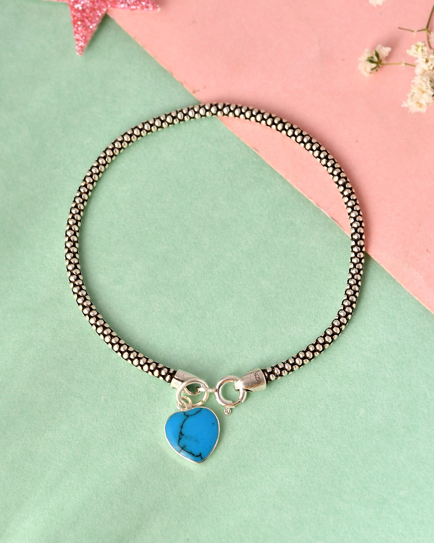 Turquoise Heart Charm Bracelet β Oxidized Silver Beaded Chain β Handmade Boho Jewelry for Women β Minimalist Gift for Her