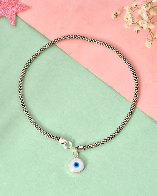 Evil Eye Anklet – Oxidized Silver Beaded Chain (1pc)