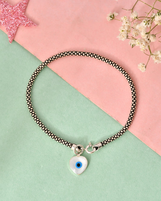Evil Eye Heart Charm Bracelet – Oxidized Silver Beaded Chain – Handmade Protection Jewelry – Boho Gift for Her