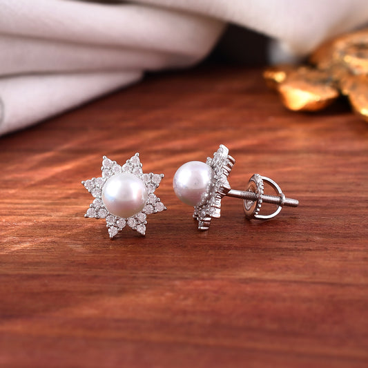 Sterling Silver 925 CZ Stone Pearl Earring Studs For Women & Girls