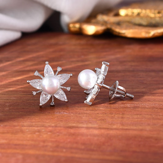 Sterling Silver 925 CZ Stone Pearl Flower Earring Studs For Women & Girls