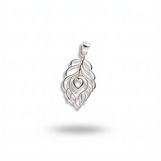 925 Sterling Silver Peacock Feather Pendant with Heart Design for Men & Women