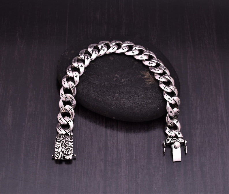 Silver Curb Chain Bracelet - Silver Oxidize Link Chain Bracelet - Length 8.25 Inches - Handmade Bracelet