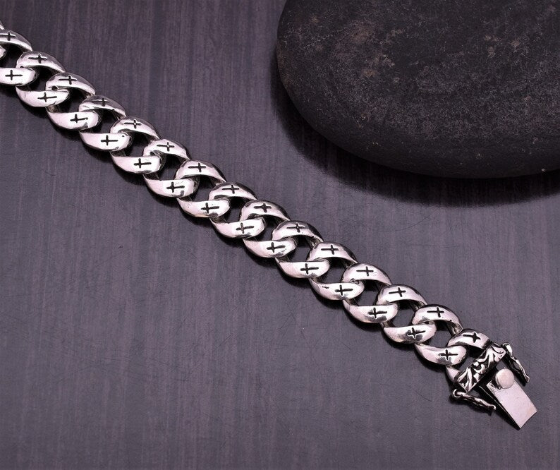 Silver Curb Chain Bracelet - Silver Oxidize Link Chain Bracelet - Length 8.25 Inches - Handmade Bracelet
