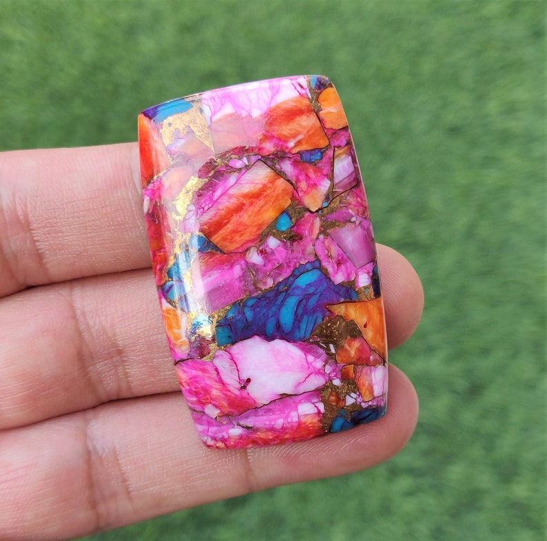 Pink Spiny Oyster Copper Turquoise Cabochon - 29x47mm Rectangle Mohave Pink Spiny Oyster Gemstone