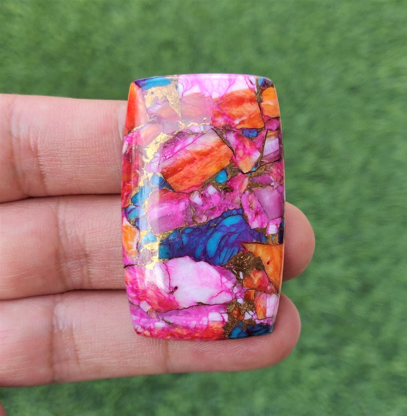 Pink Spiny Oyster Copper Turquoise Cabochon - 29x47mm Rectangle Mohave Pink Spiny Oyster Gemstone