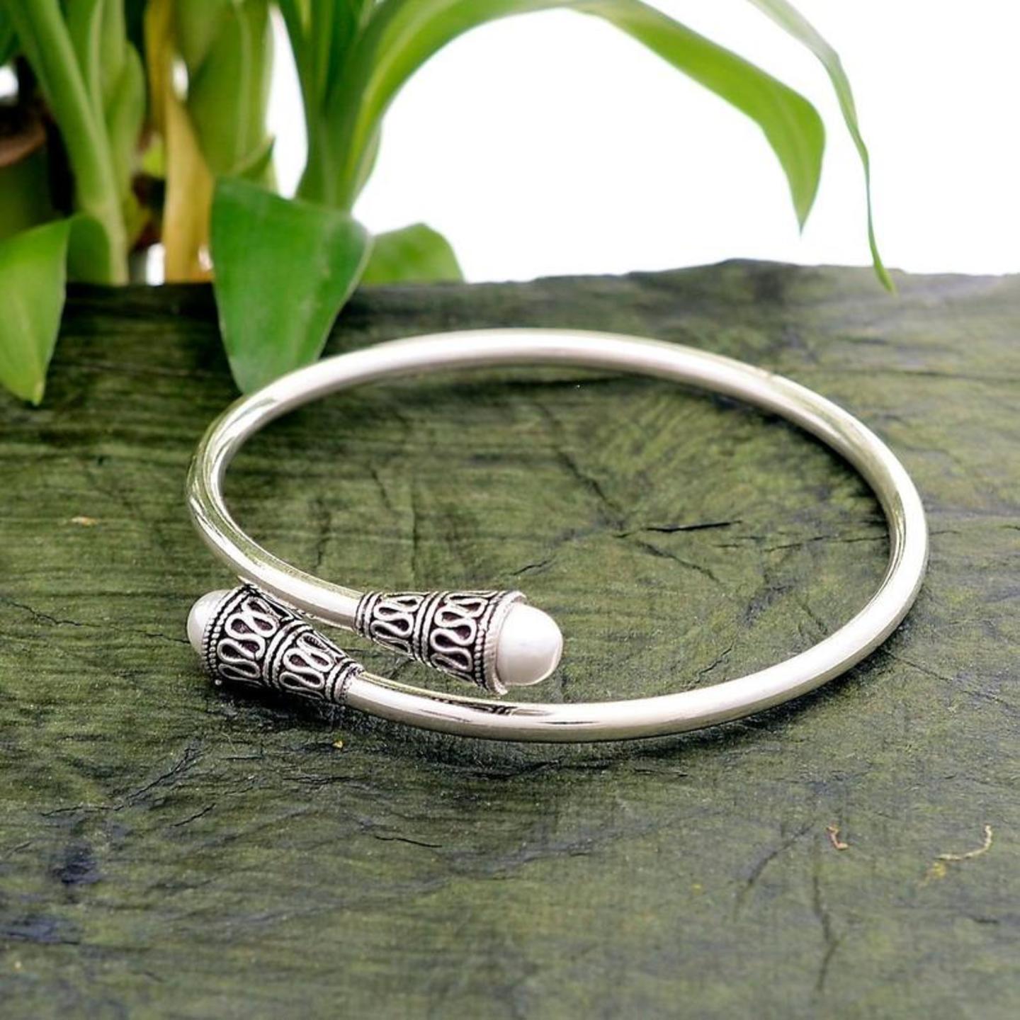 925 Sterling Silver - Oxidize Beautiful River Pearl Women's Bangle - Size-  2.25 Inches Adjustable
