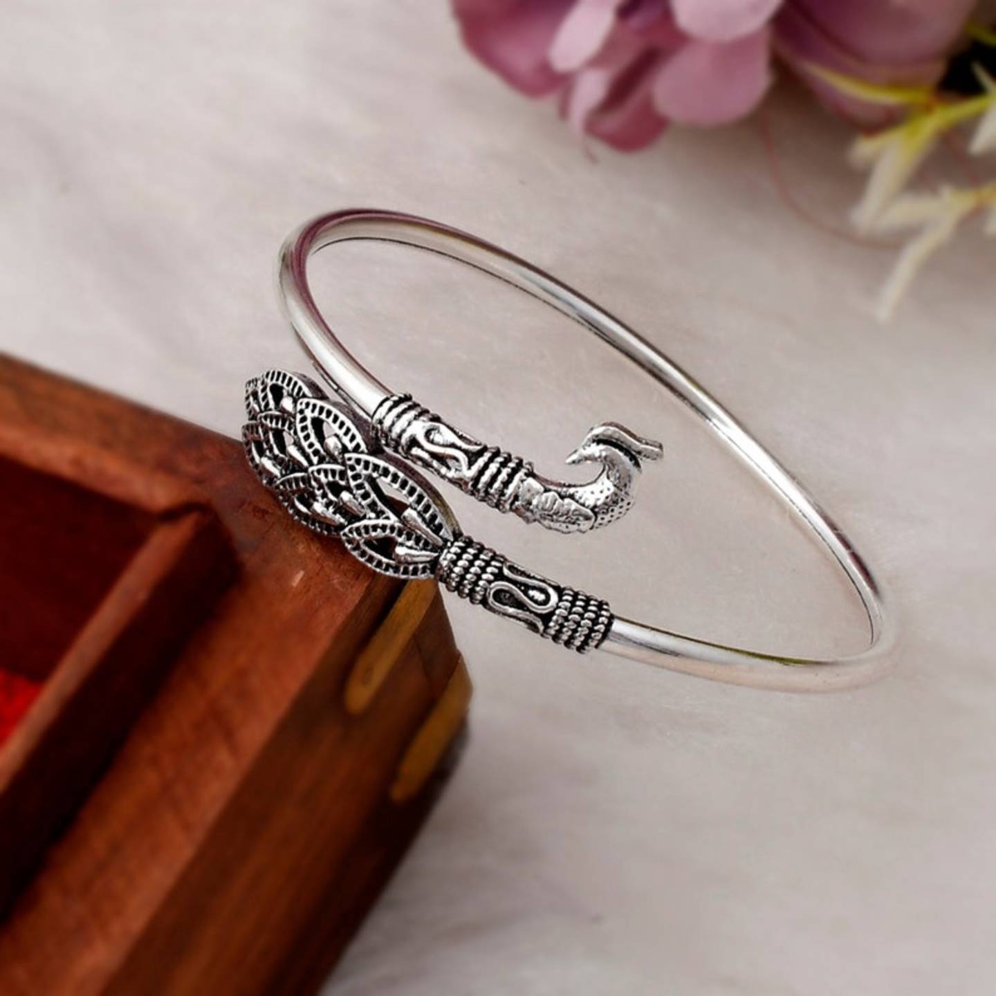 Silver Peacock Bangle Bracelet