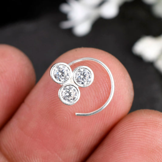 Sterling Silver Three CZ Stone Nose pin For Women