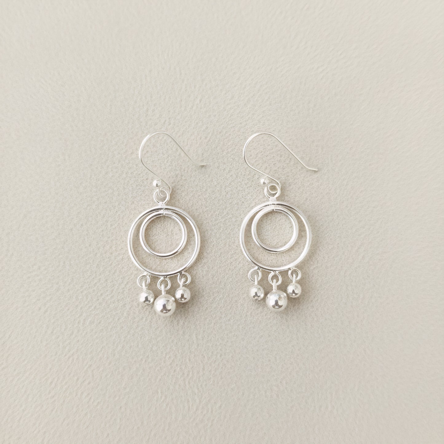 925 Sterling Silver Double Hoop Dangle Earrings with Silver Bead Drops | Handmade Lightweight Earrings for Women | Elegant Minimal Silver Jewelry