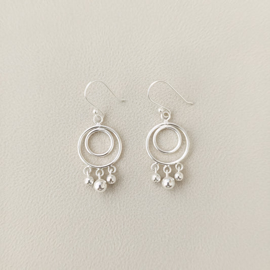 925 Sterling Silver Double Hoop Dangle Earrings with Silver Bead Drops | Handmade Lightweight Earrings for Women | Elegant Minimal Silver Jewelry