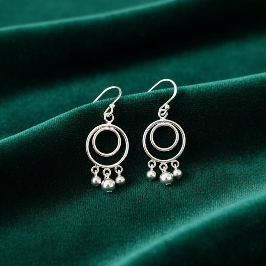 925 Sterling Silver Double Hoop Dangle Earrings with Silver Bead Drops | Handmade Lightweight Earrings for Women | Elegant Minimal Silver Jewelry