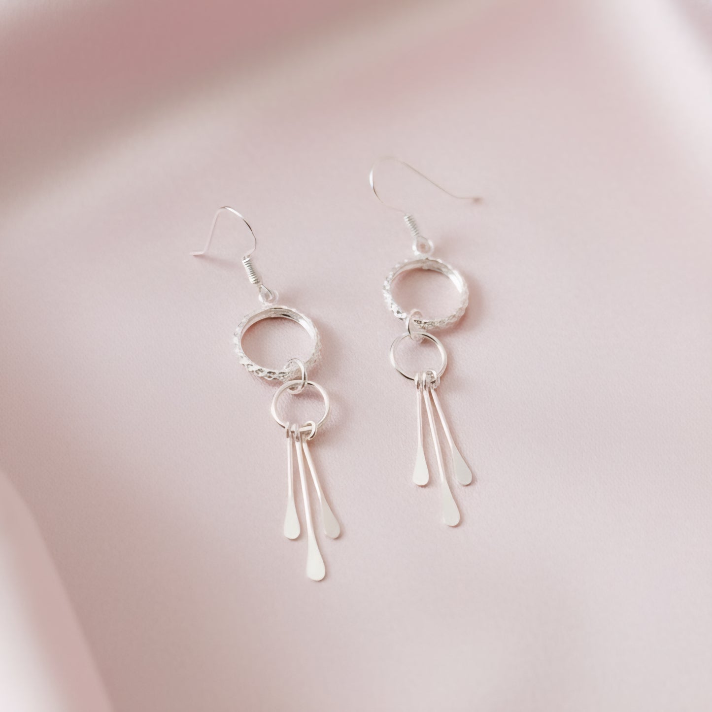 Handmade 925 Sterling Silver Double Circle Drop Earrings | Textured Hoop Dangle Earrings with Silver Tassels | Modern Lightweight Jewelry for Women