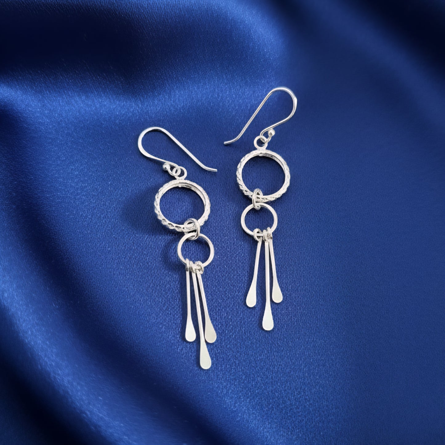 Handmade 925 Sterling Silver Double Circle Drop Earrings | Textured Hoop Dangle Earrings with Silver Tassels | Modern Lightweight Jewelry for Women