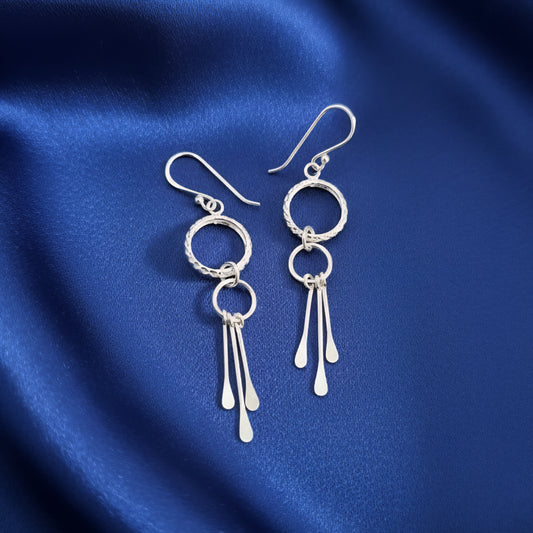 Handmade 925 Sterling Silver Double Circle Drop Earrings | Textured Hoop Dangle Earrings with Silver Tassels | Modern Lightweight Jewelry for Women