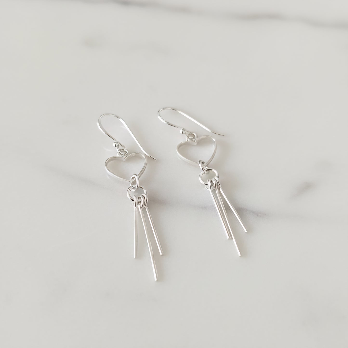 Handmade Sterling Silver Heart Dangle Earrings | Romantic Minimalist Drop Earrings | Lightweight Silver Jewelry Gift for Her